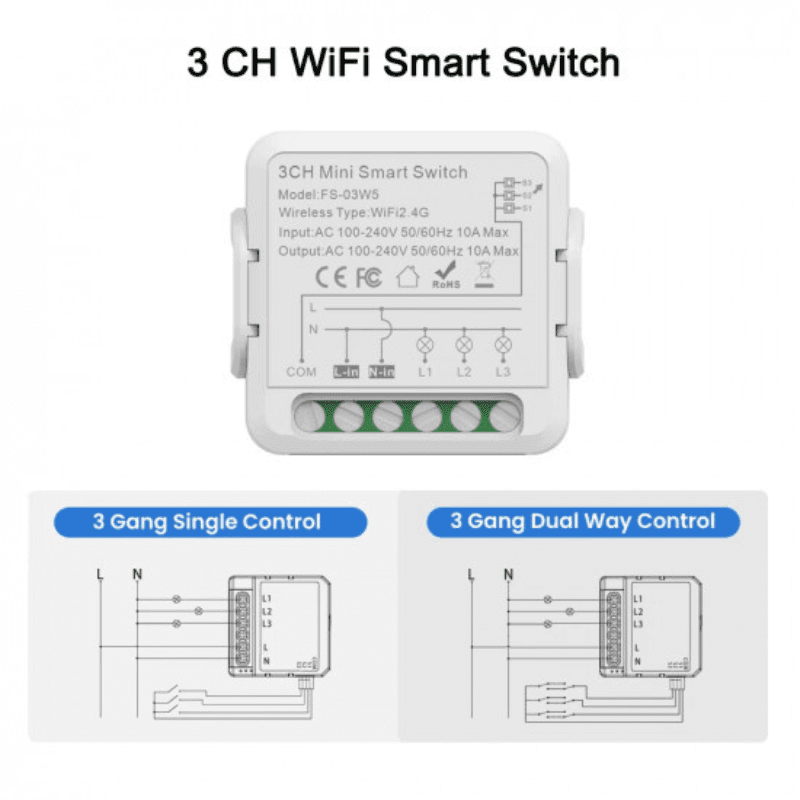 Mini wifi receiver module 3 gang with neutral 10A compatible with Tuya and Alexa