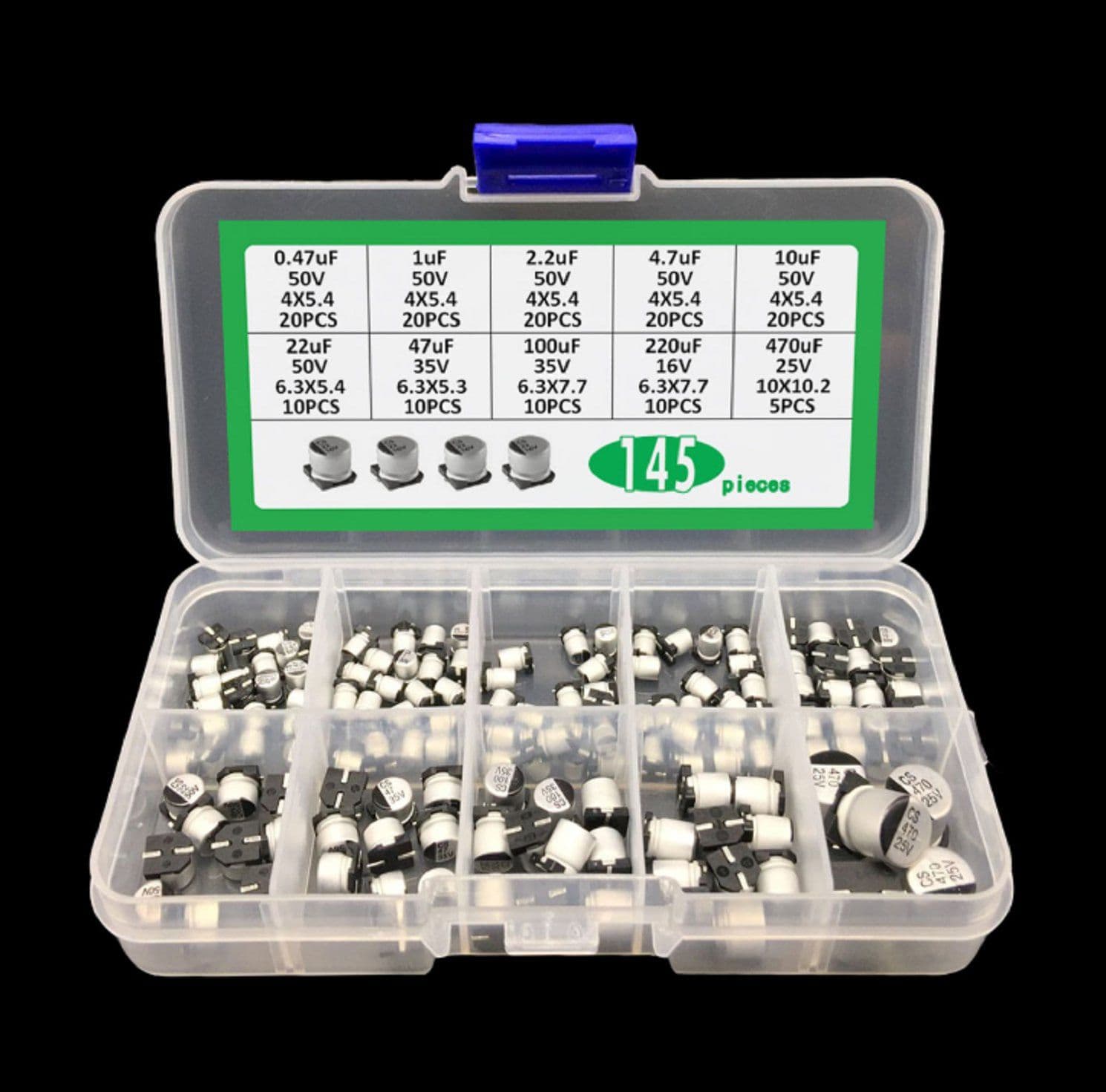 10values 145pcs SMD Electrolytic capacitor assorted kit 10V~50V 0.47uF~470uF