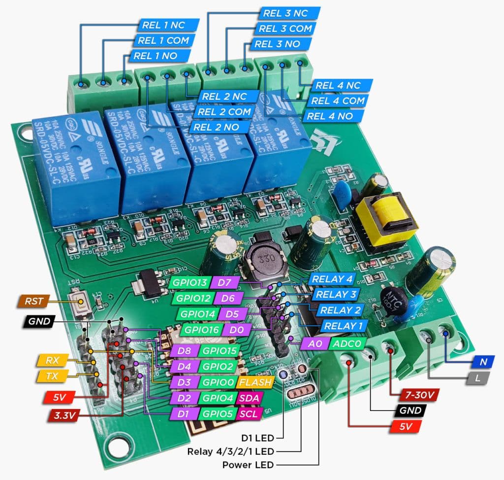 ESP-12F 5V/7-30V/220V 4 Channel Relay Board 