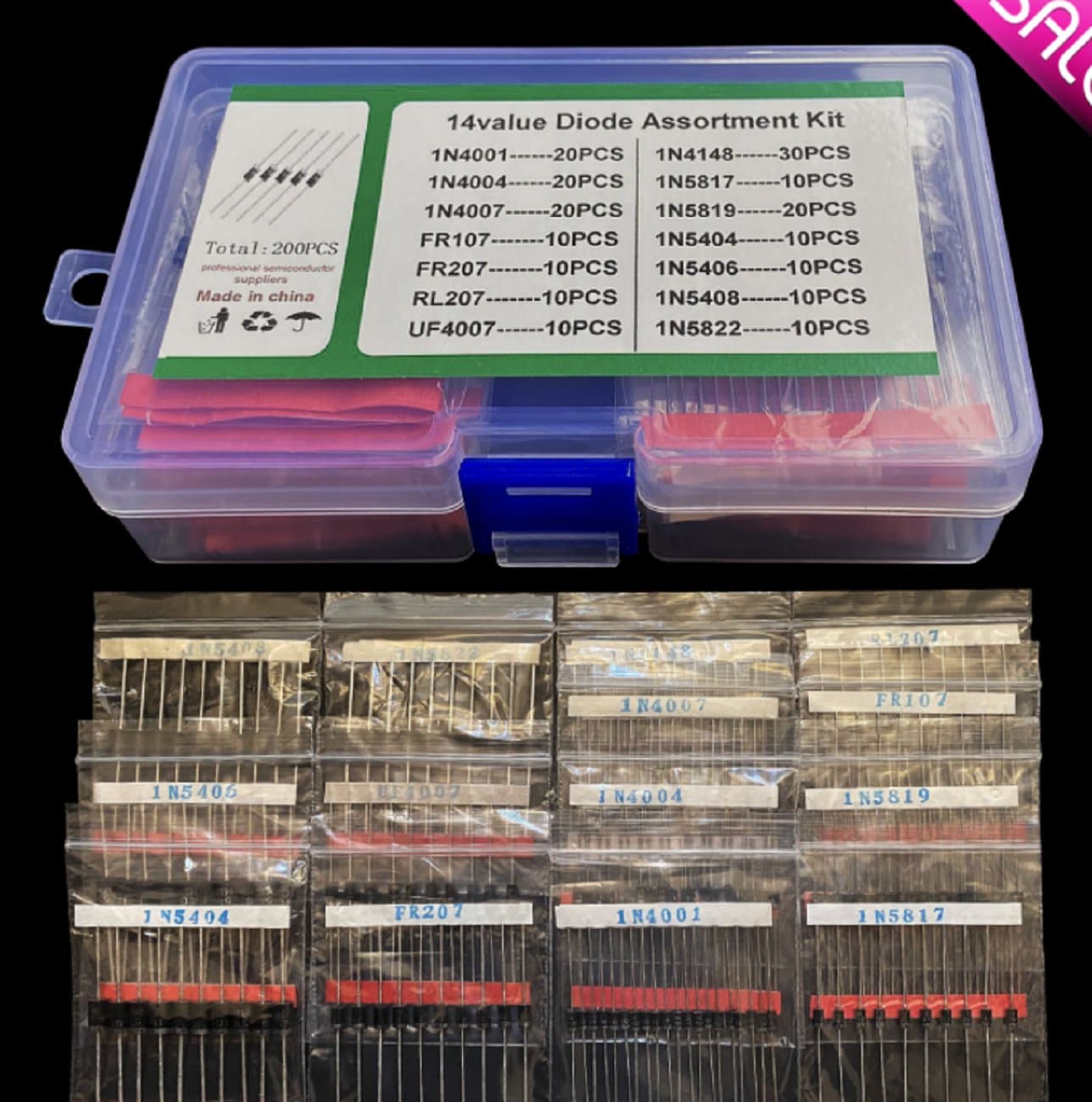 Diode Assortment Kit (14 Part numbers, Total 200 pcs) — image 1