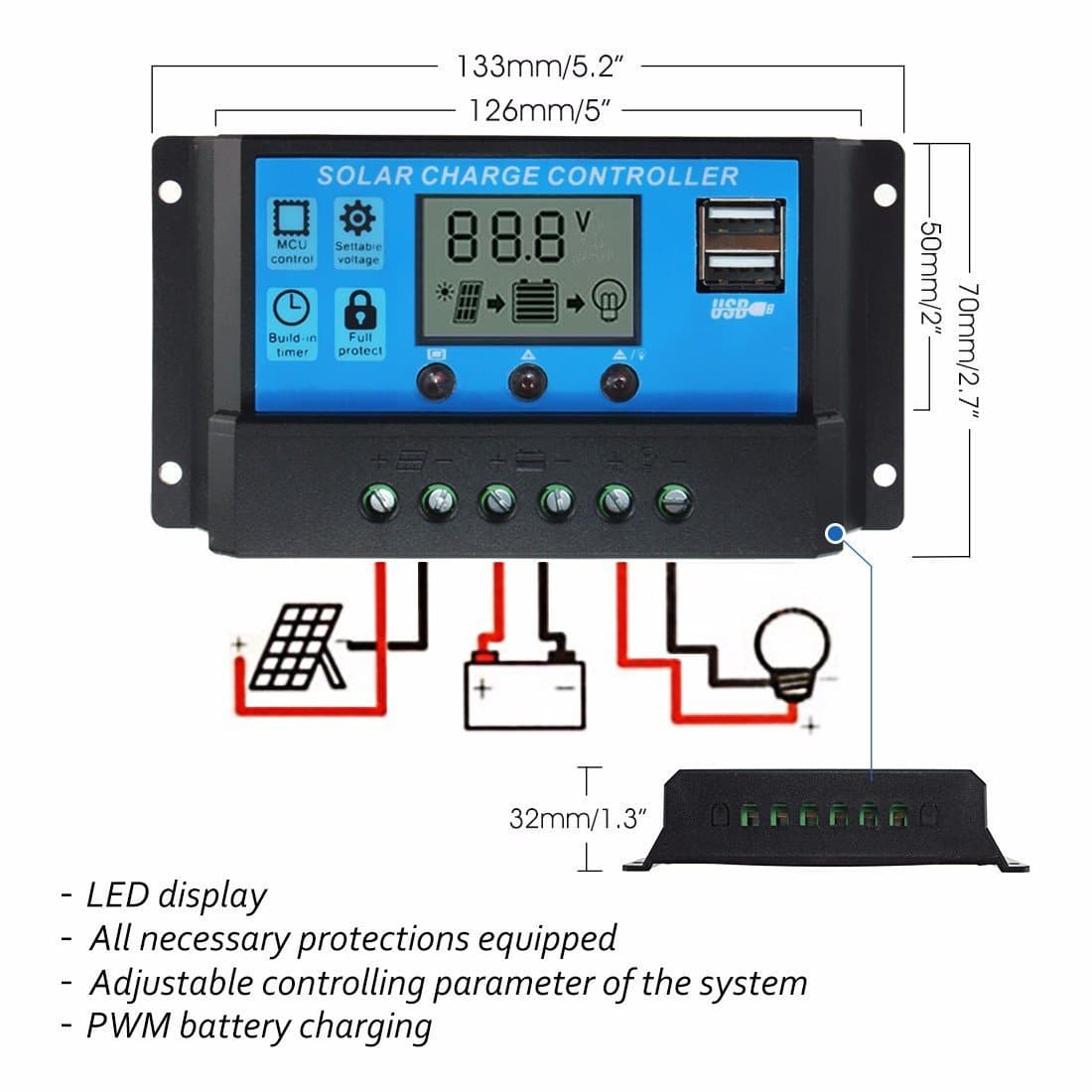 PWM 60A Dual USB Solar Charge Controller 12V 24V — image 1